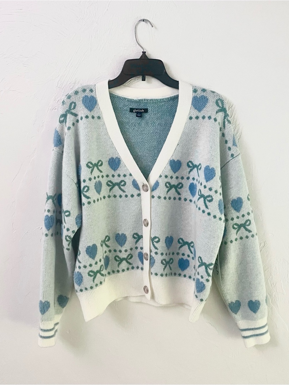 Anthropologie NWT Pastel Bow Heart Fuzzy Knit Cardigan Sweater in Cream/Blue